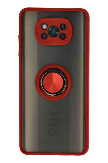 cepmoda Xiaomi'Poco X3 Pro' Case - Frosted Transparent with Ring Stand and Colored Sides Ringcap - Red