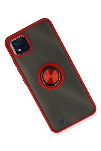 cepmoda Realme “C11 2021” Case - Frosted Transparent with Ring Stand, Colored Sides Ringcap - Red