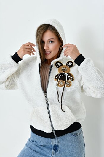 EsSo butik White Hooded Plush Cardigan with Kangaroo Pockets