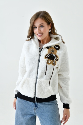 EsSo butik White Hooded Plush Cardigan with Kangaroo Pockets