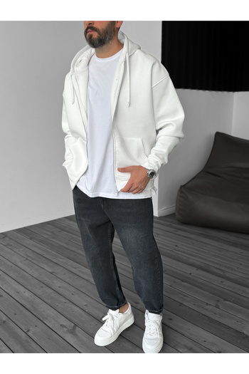 BYBASICMAN White Hooded Zippered Sweatshirt - Jj-82