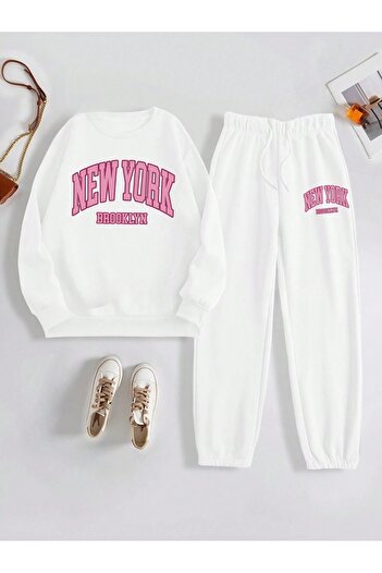 OVER HEAD Γυναικείο λευκό New York Brooklyn με στάμπα μεγάλου μεγέθους φούτερ με λαιμόκοψη Jogger Top Σετ
