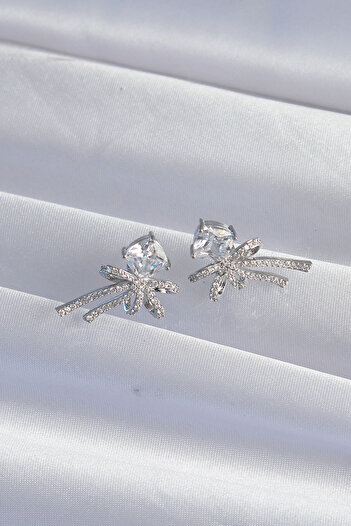 SeyCey.co Brass Silver Color Square Zircon Stone Bow Earrings