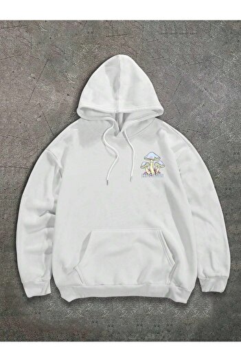 PENTHİLUS Φούτερ MUSHROOM White Oversize Hooded - εμπρός και πίσω με στάμπα