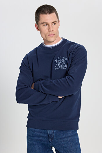 WRANGLER Regular Fit Regular Cut Crew Neck 100% Cotton Navy Blue Sweatshirt