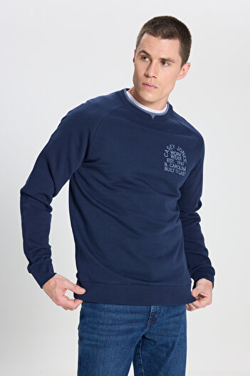 WRANGLER Regular Fit Regular Cut Crew Neck 100% Cotton Navy Blue Sweatshirt