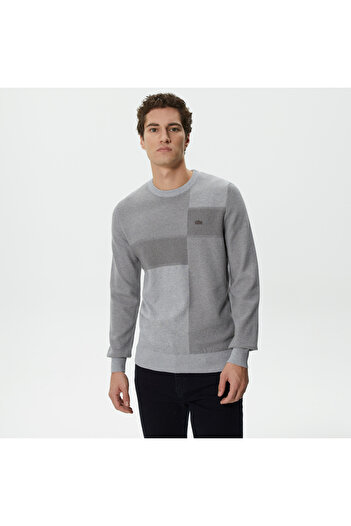 Lacoste Men's Regular Fit Long Sleeve Crew Neck Color Blocked Dark Gray Knitwear