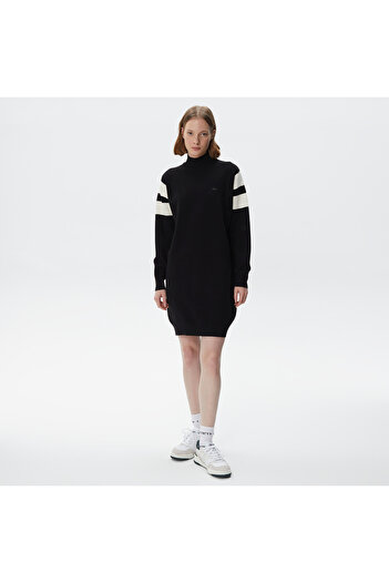Lacoste Kadın Loose Fit Uzun Kollu Bisiklet Yaka Siyah Elbise