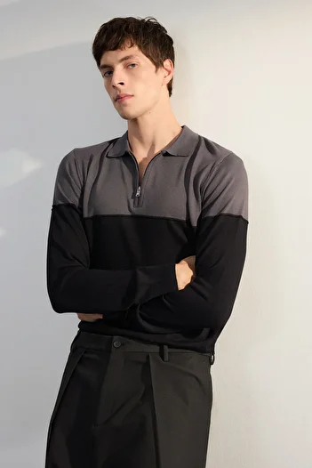 Trendyol Collection Polo Neck Slim Fit Anthracite Knitwear Sweater - Color Block Tmnaw25Kz00050