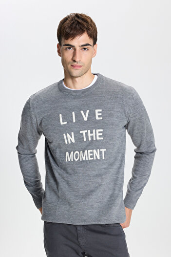 ALTINYILDIZ CLASSICS Men's Gray Crew Neck Printed Knitwear Sweater - Non-Pilling Fabric, Standard Fit