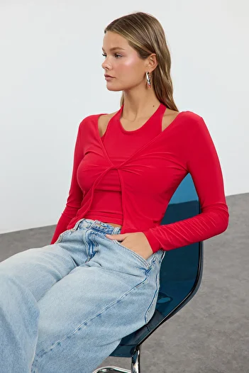 Trendyol Collection Flexible Red Fitted Knitted Blouse - Athlete Look Twoaw24Bz00406