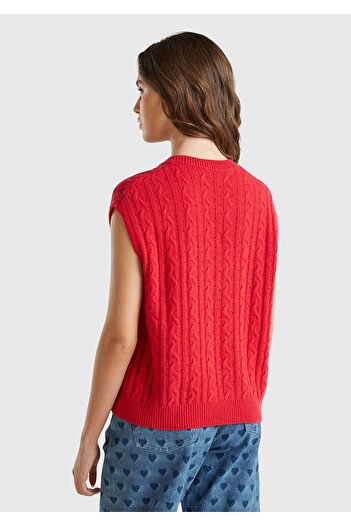 United Colors of Benetton Women's Red Wool Blended Knitted Detailed V-Neck Sweater
