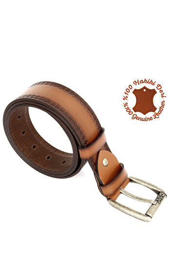 GÖNDERİ(R) Men's Tan Antique Genuine Leather 4.5 cm Stitched Jeans Belt
