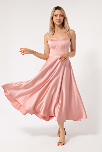 Lafaba Women's Powder Thin Strap Midi Satin Evening Dress