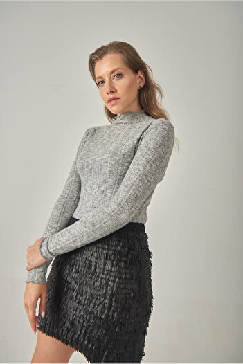 Blue Petrol Women's Ribbed Look Body Hugging Turtleneck Blouse-Sweater
