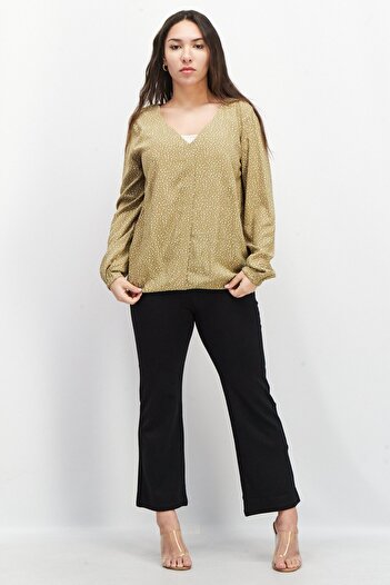 Esprit Women  V-Neck Long Sleeves Pola Dots Blouse, Khaki/White