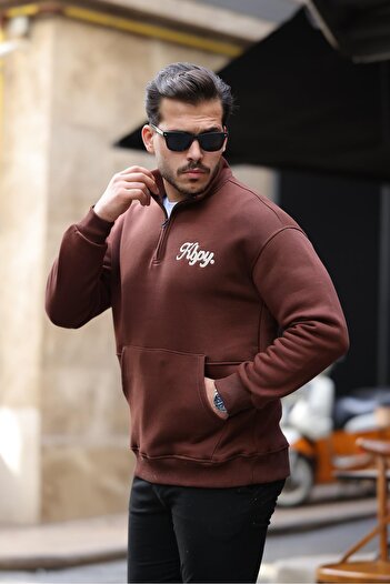 Valiberta Φούτερ με μισό φερμουάρ με κέντημα Cozy Kangaroo - Καφέ