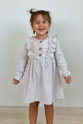 Breeze Girl's Long Sleeve Dress with Frilly Button Detail, Age 1.5-5, Beige Melange
