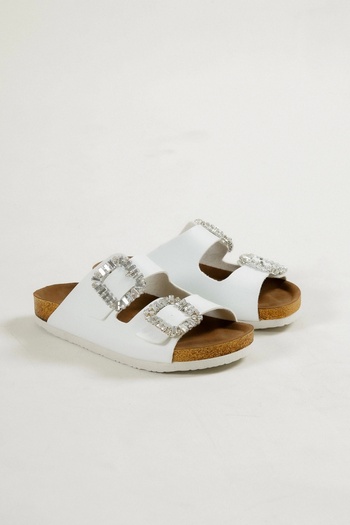 EFW İlyada Stoned Double Buckle Women's White Slippers