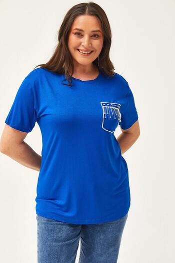 Ebsumu Women's Plus Size Stone Printed Blue Blouse with Pocket Detail