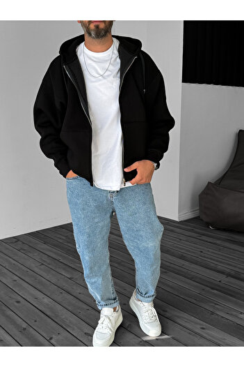 BYBASICMAN Black Basic Zippered Hooded Sweatshirt Jj-82
