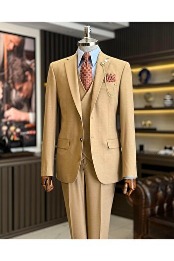 TerziAdemAltun klasik kesim regular fit ceket yelek pantalon takım elbise camel T12609