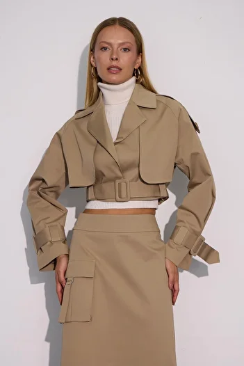 NOK İSTANBUL Cityscape Mink Oversize Trench Coat - Recycled Fabric, Short Length with Belt