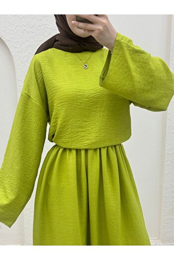 Modamorfo Linen Set - Crew Neck Blouse and Skirt - F.Green