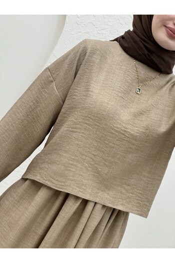 Modamorfo Mink Linen Set - Crew Neck Blouse and Skirt