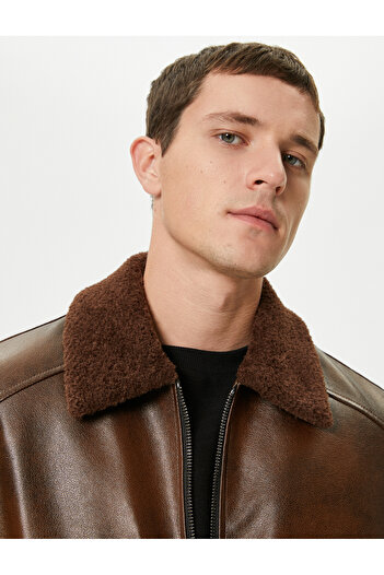 Koton Slim Fit Faux Fur Δερμάτινο μπουφάν με τσέπες
