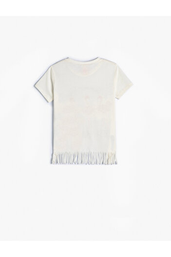 Koton Short Sleeve Tassel T-Shirt Crew Neck Appliqued Flamingo Printed Cotton