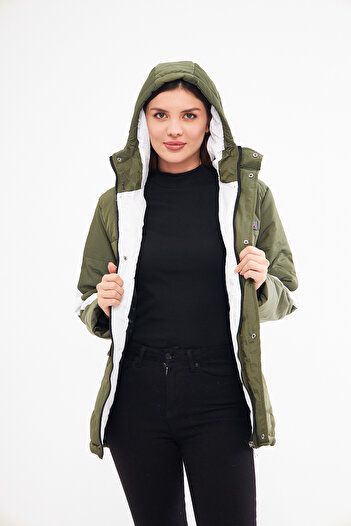 ESPİNA Women's Woven Fabric Hooded Puffer Jacket with Front Cover, Snap Fasteners and Zipper