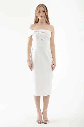 Lafaba Women's White Double Bandage One Shoulder Midi Evening Dress
