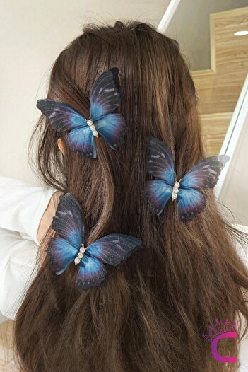 Cinderella Set de 3 agrafe de păr cu fluture, cu perle, gradient albastru, dimensiune mare de 10 cm