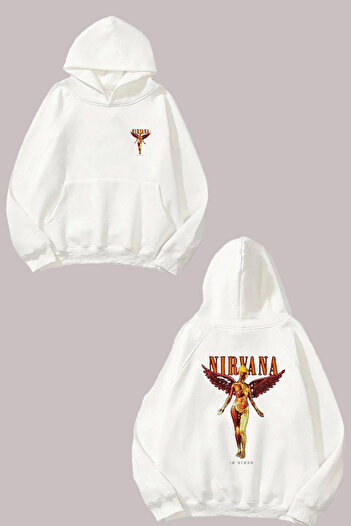 THEWERT Unisex Nirvana Angel Σχέδιο Μπροστινό Πίσω Τυπωμένο κανονικό λευκό φούτερ
