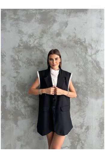 Elif Özbey Butik Vestă lungă cu detaliu cămașă neagră