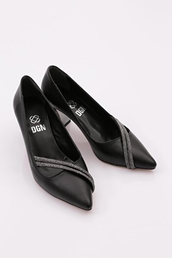 DGN Women's Pointed Toe Silver Stone Thick Heeled Shoes Black 43122534