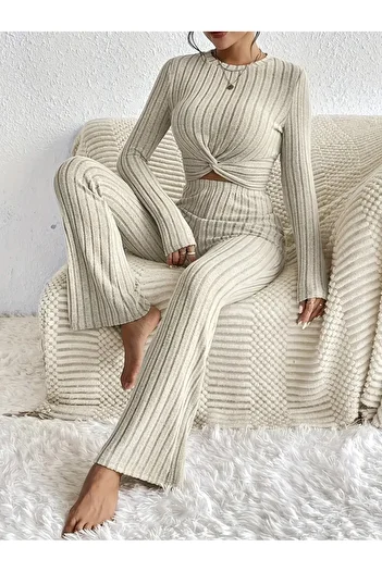 Wild Flower Beige Long Sleeve Round Neck High Waist Front Twist Bottom Top Set