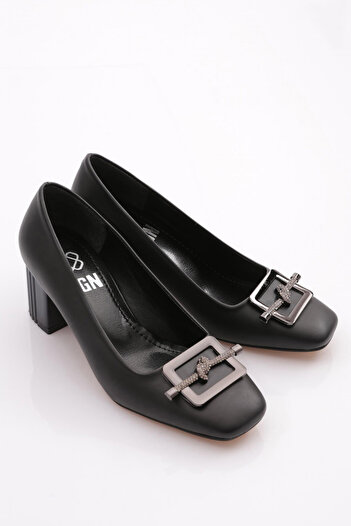 DGN Women's Square Buckle Silvery Rope Detailed Heeled Shoes Black 212222621