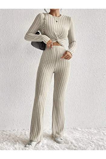 Wild Flower Beige Long Sleeve Round Neck High Waist Front Twist Bottom Top Set