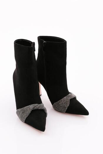 DGN Cizme cu toc pentru femei din piele intoarsa neagra - 4869535