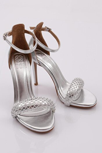 DGN Women's Mesh Detailed Stone Embroidered Heeled Shoes Silver Metallic 315133210