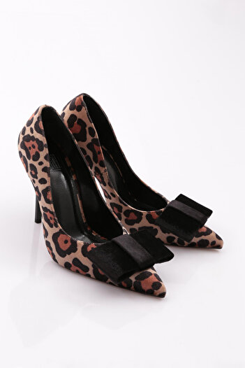 DGN Black Velvet Leopard Print Women's Heeled Shoes - 563103557