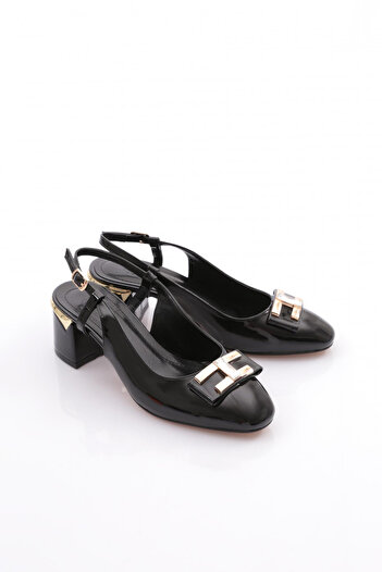 DGN Black Patent Leather Women's Heeled Shoes with Stone Buckle - 352513539