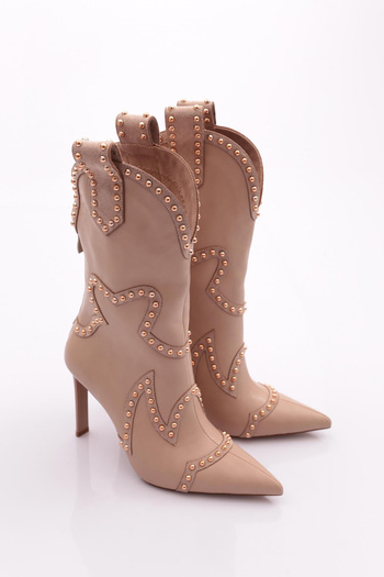 DGN 5273 Cizme Western cu toc brodate cu piatră BEJ