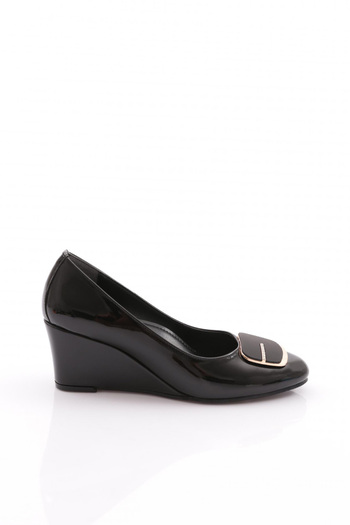 DGN Black Patent Leather Wedge Shoes with Silver Stone Buckle - 364373539
