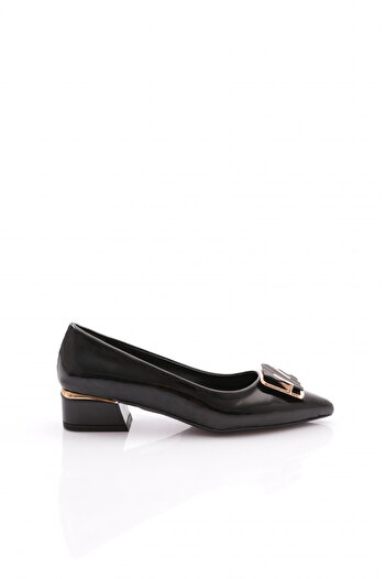 DGN Women's Square Buckle Heeled Shoes Black Patent Leather 79572534