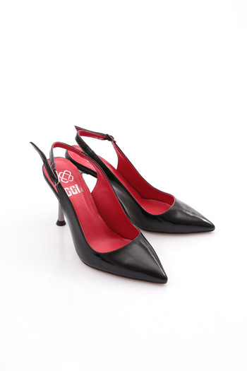 DGN Black Patent Leather Red Evening Dress Heels - Open Back 26235612121152322