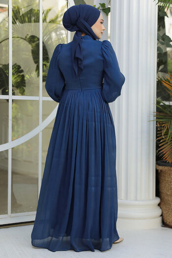 Neva Style Drape Detaylı Lacivert Tesettür Abiye Elbise 44081l