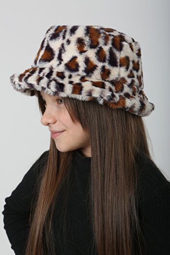 REMSA Ecru Leopard Patterned Children's Plush Bucket Hat - Rkş-Ç-01